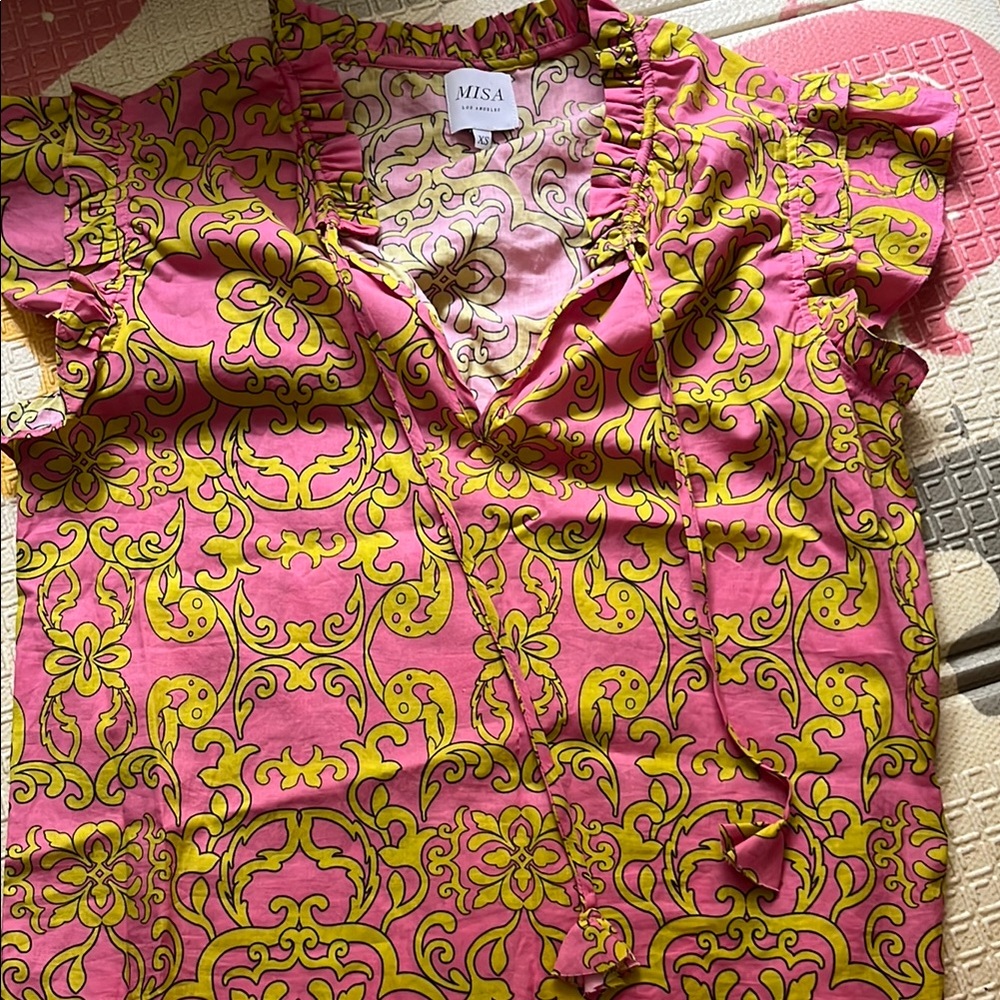 Misa Los Angeles Pink and Yellow Baroque Ruffle Blouse